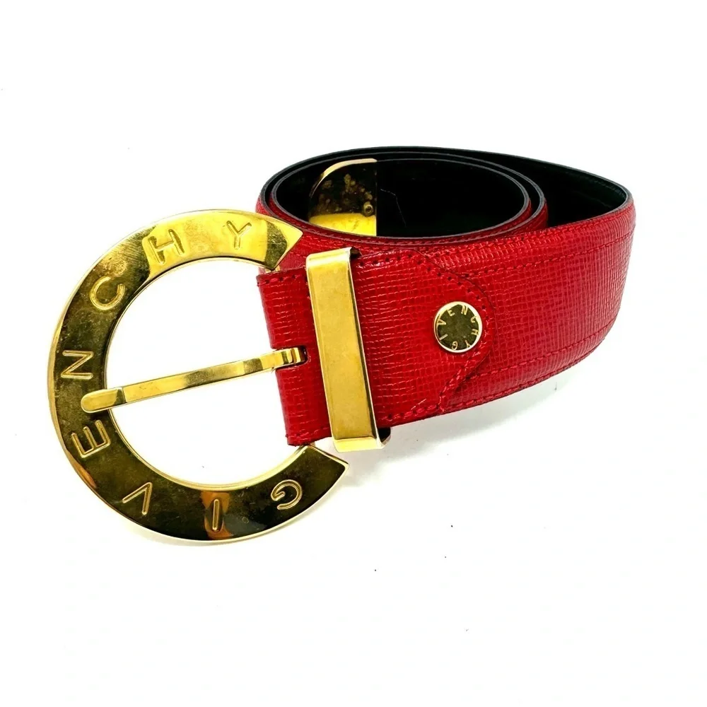 Givenchy Vintage Red Vachette Leather Belt – 35″ x 1.75″, Gold Logo Buckle